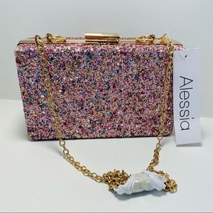 ALESSIA Pink Glitter Gold Trim Clip Clutch New